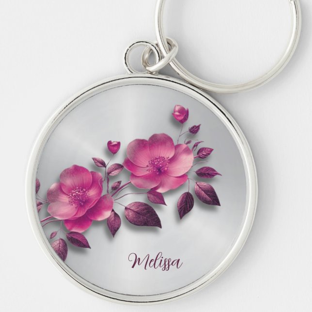Pink Shiny Metallic Flower Silver Keychain (Front)