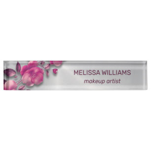 Pink Shiny Metallic Flower Silver Nameplate