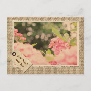 Pink Shrub Roses Bokeh Vintage Paper Frame Burlap Postcard