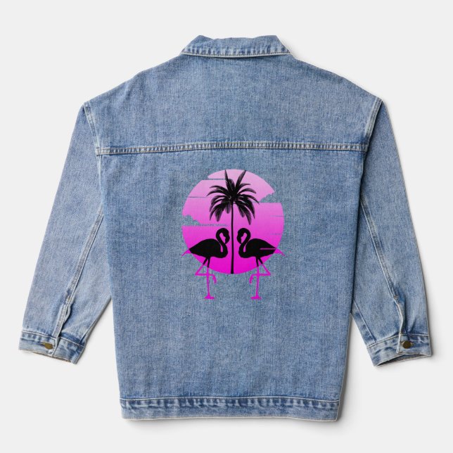 Pink Silhouette Flamingos Bird Denim Jacket (Back)
