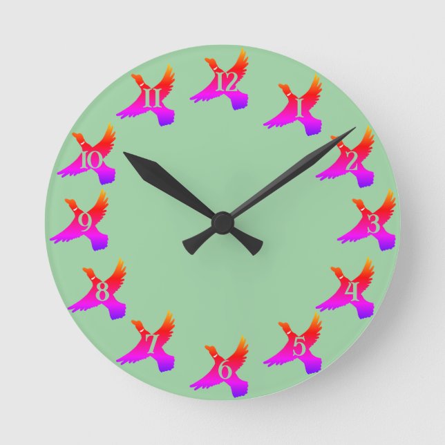 Pink Silhouette Flying Duck Round Clock (Front)