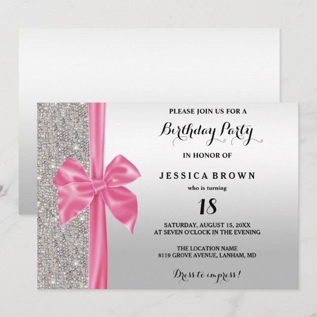 Pink Silk Bow Silver Sequins 18th Birthday Invitation (Front/Back)