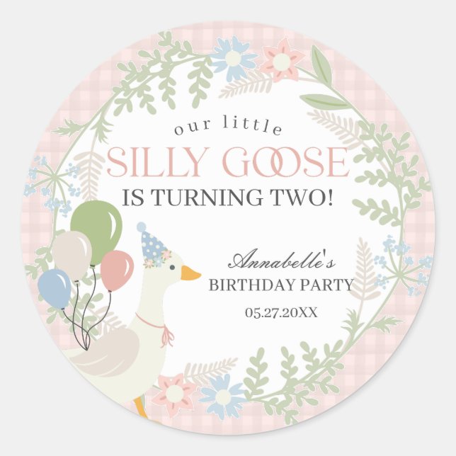 Pink Silly Goose Floral Gingham Baby Shower Favour Classic Round Sticker (Front)