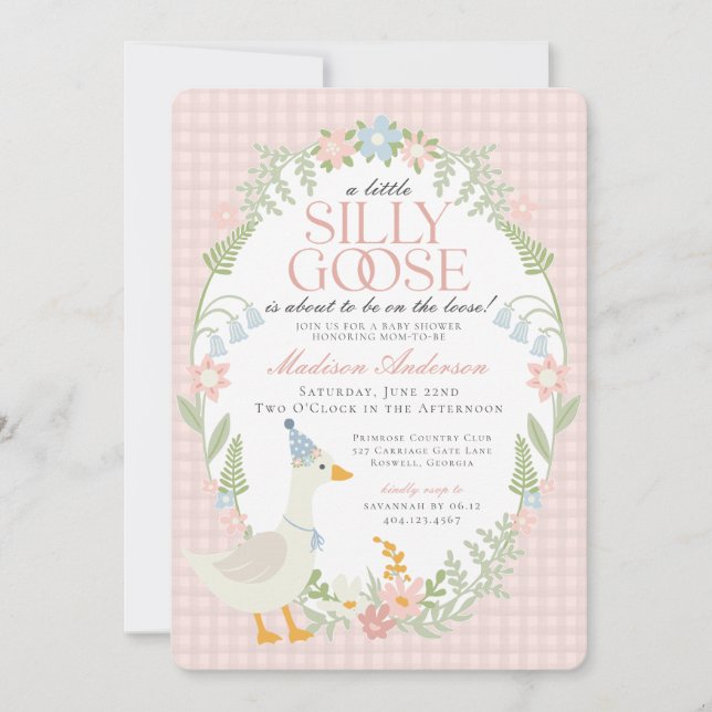Pink Silly Goose Floral Gingham Baby Shower Invitation (Front)
