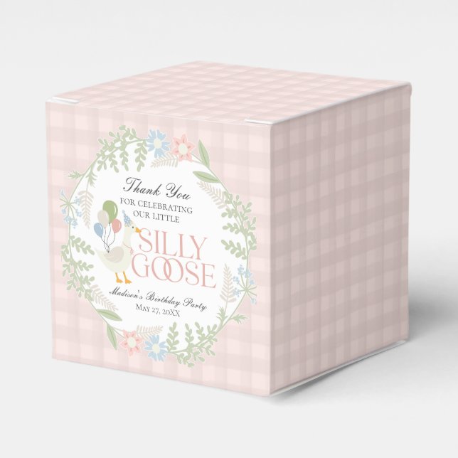 Pink Silly Goose Floral Gingham Birthday Favor Box (Front Side)