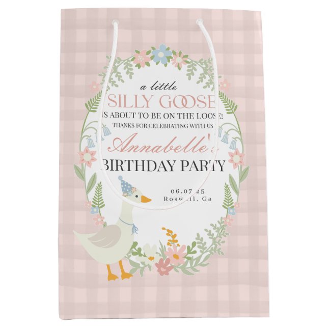 Pink Silly Goose Floral Gingham Birthday Favour Medium Gift Bag (Front)