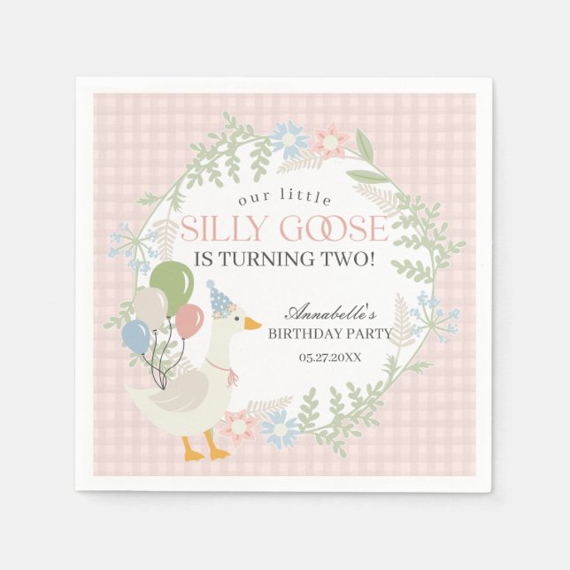 Pink Silly Goose Floral Gingham Birthday Napkin (Front)