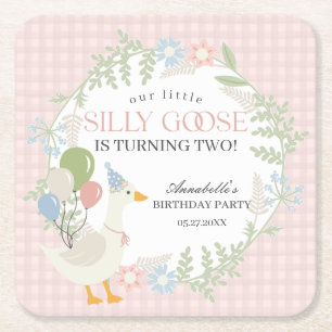 Pink Silly Goose Floral Gingham Birthday Square Paper Coaster