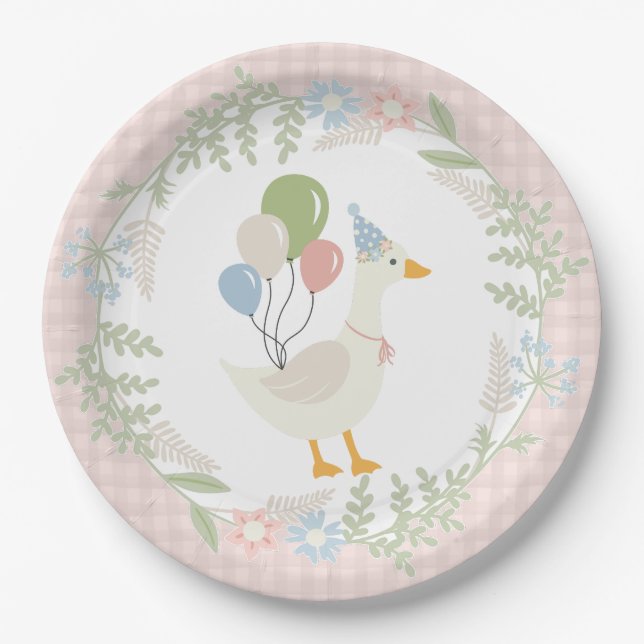 Pink Silly Goose Floral Gingham Paper Plate (Front)