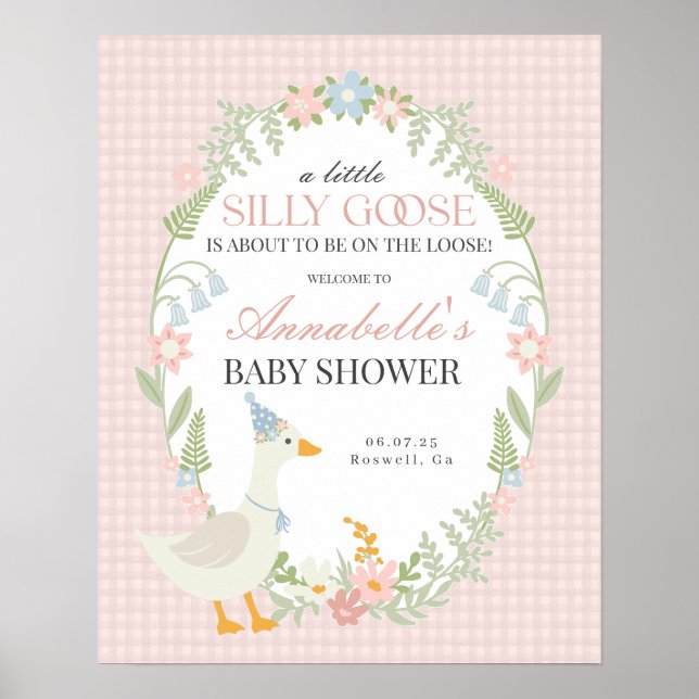 Pink Silly Goose Gingham Baby Shower Welcome Sign (Front)