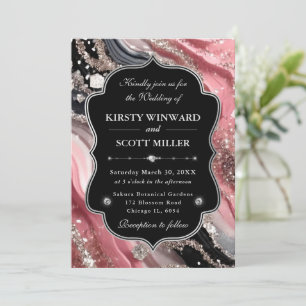 Pink Silver Agate Marble Glitter Wedding Invitation
