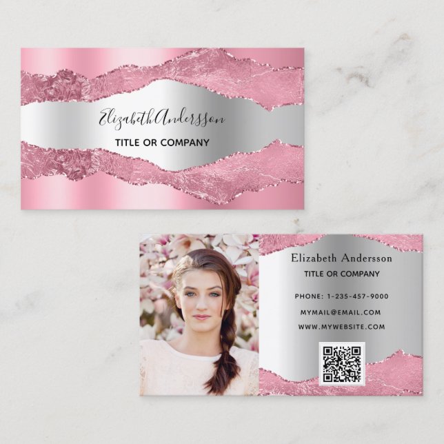 Pink silver agate marble QR code photo Business Card (Front/Back)