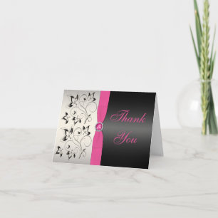 Pink, Silver, and Black Floral Thank You Card