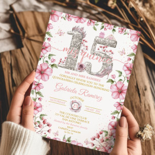 Pink Silver and Gold Tiara Mis Quince Quinceañera Invitation