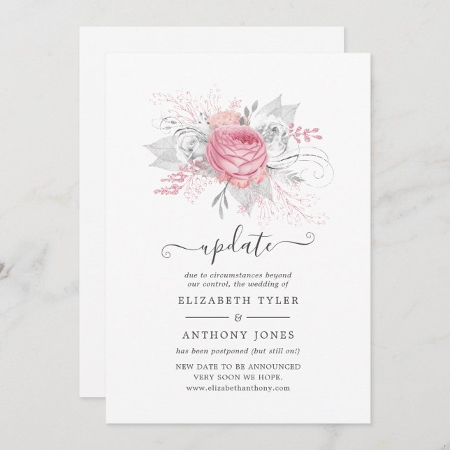Pink, Silver and White Floral Wedding Update Invitation (Front/Back)