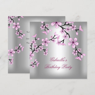 Pink Silver Asian Floral Birthday Party Invitation