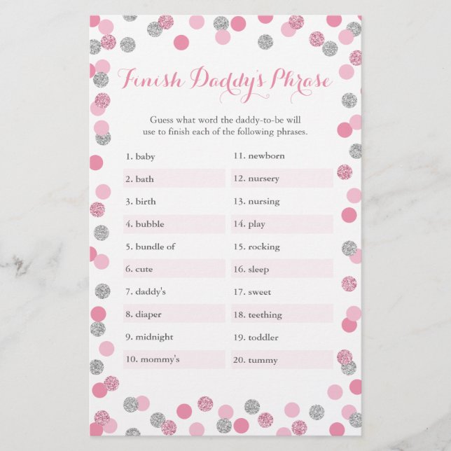 Pink Silver Baby Shower Finish Daddy's Phrase Game (Front)