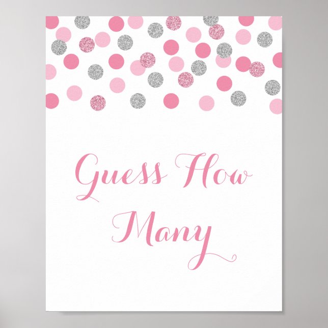 Pink Silver Baby Shower Guess How Many Game Sign (Front)