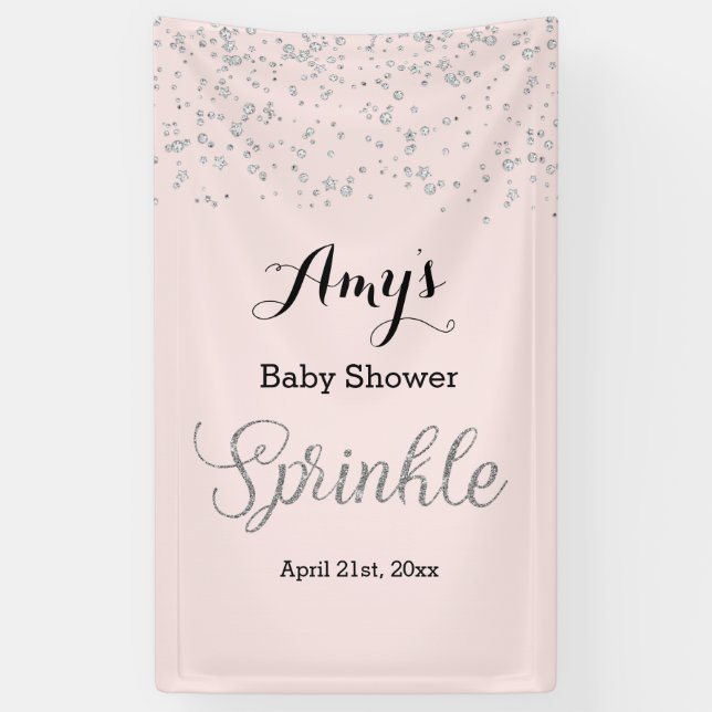 Pink Silver Baby Sprinkle Baby Shower Banner (Vertical)