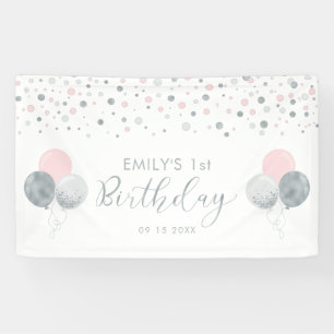 Pink & Silver Balloon 1st Birthday Banner