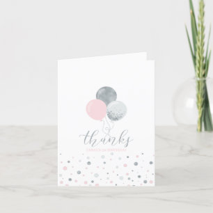 Pink & Silver Balloons 1st Girl Birthday Thank you Card