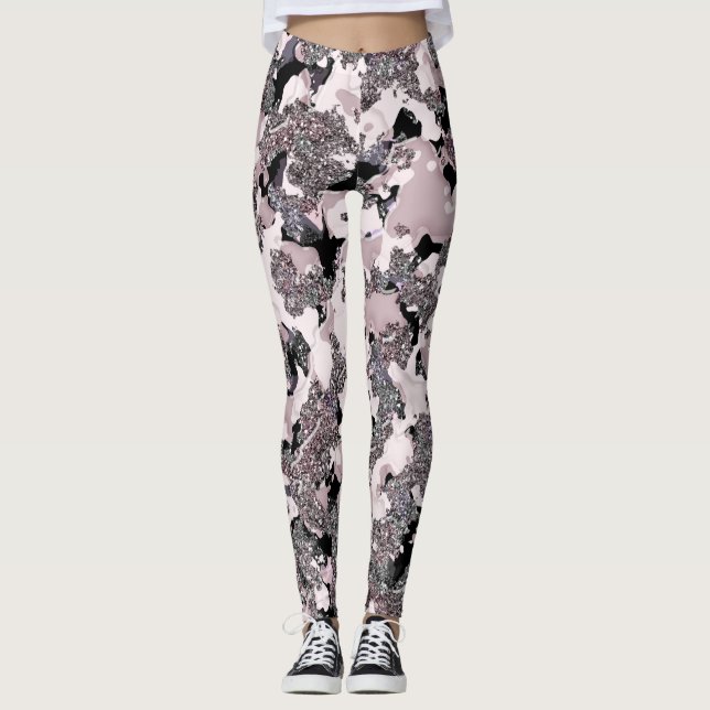 Pink Silver & Black Beauty Spill Glam Gloss Girly Leggings (Front)