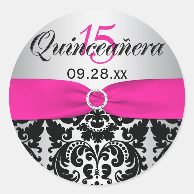 Pink, Silver, Black Damask Quinceanera Sticker (Front)