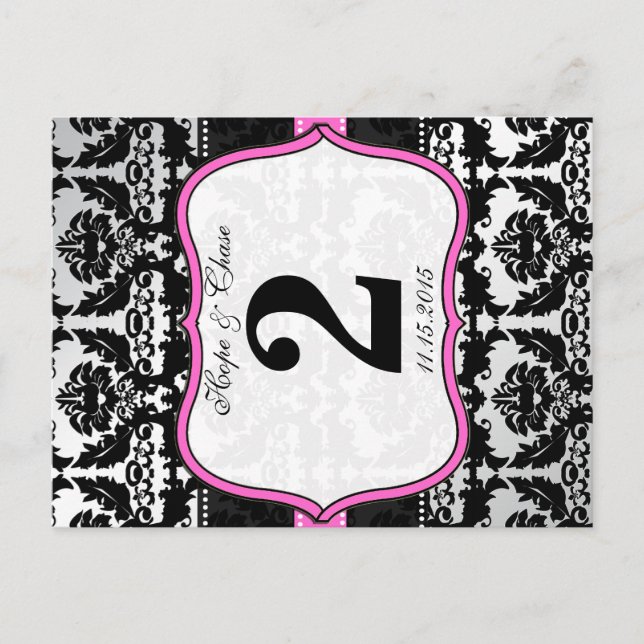 Pink Silver & Black Damask Table Number Cards (Front)