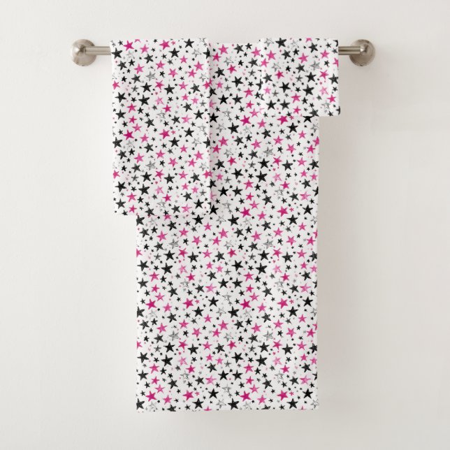  Pink Silver Black Stars  Bath Towel Set (Insitu)