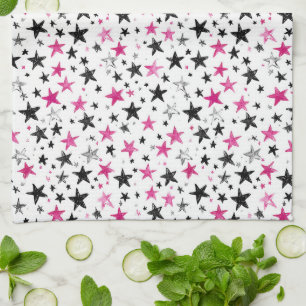 Pink Silver Black Stars Kitchen Towel