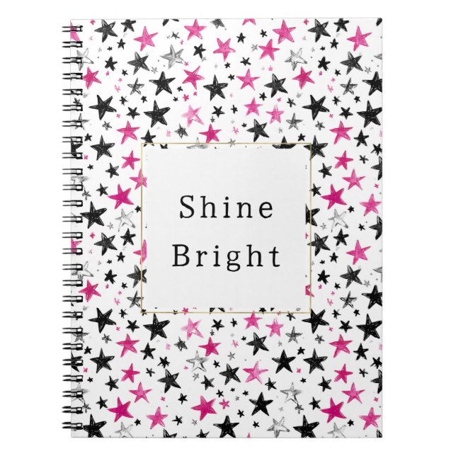 Pink Silver Black Stars Shine Notebook (Front)