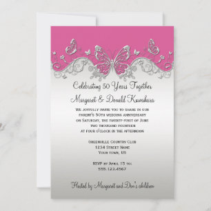 Pink Silver Butterflies 25th Anniversary Invitation