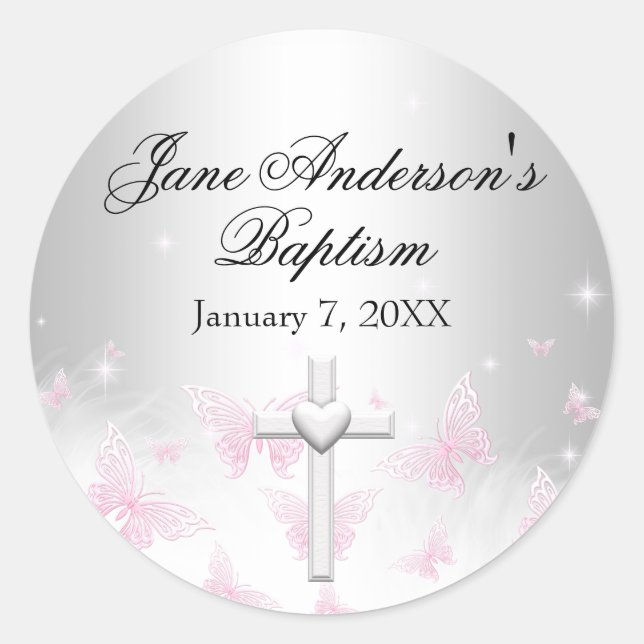 Pink Silver Butterfly Cross Baptism Sticker (Front)
