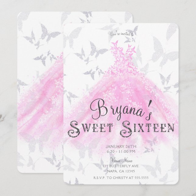 Pink Silver Butterfly Dance Dress Sweet 16 Party Invitation (Front/Back)