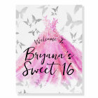 Pink Silver Butterfly Dance Sweet 16 Welcome Sign
