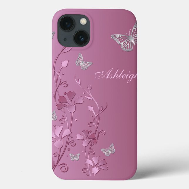 Pink Silver Butterfly Floral iPad Air Case (Back)