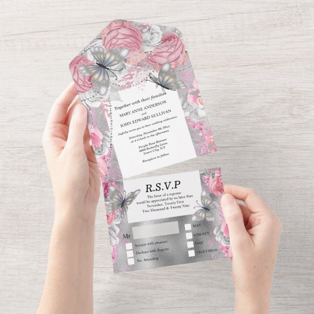 Pink silver butterfly shimmer glitter blush rose all in one invitation (Tearaway)