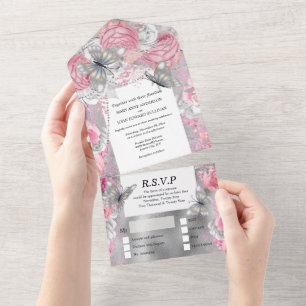 Pink silver butterfly shimmer glitter blush rose all in one invitation