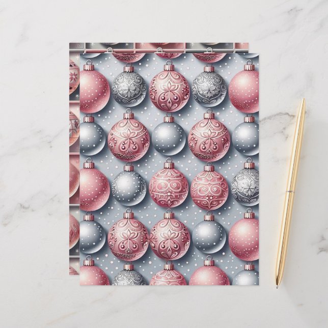 Pink & Silver Christmas Baubles Scrapbook Paper (Front/Back In Situ)
