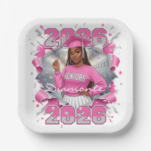 Pink & Silver Class of 2026 Senior Graduation Paper Plate