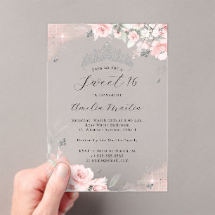 Pink Silver Clear Acrylic Floral Sweet 16 Invitations