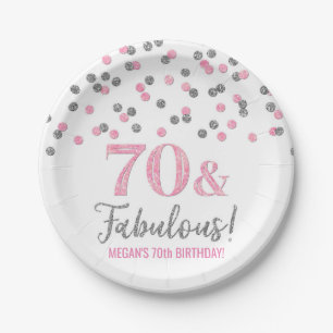 Pink Silver Confetti 70 and Fabulous Birthday Paper Plate