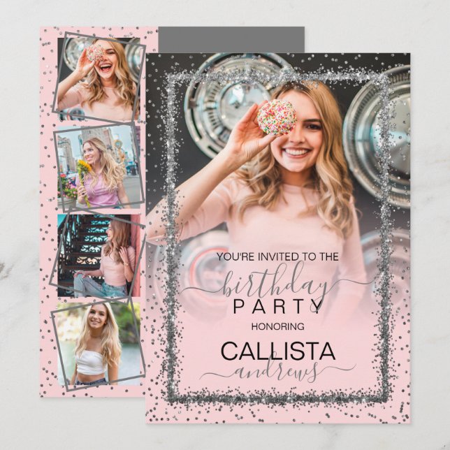 Pink Silver Confetti Border Photo Birthday Invitation (Front/Back)