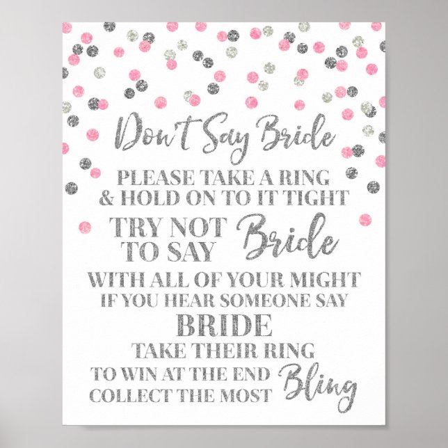 Pink Silver Confetti Don't Say Bride Game Sign (Front)