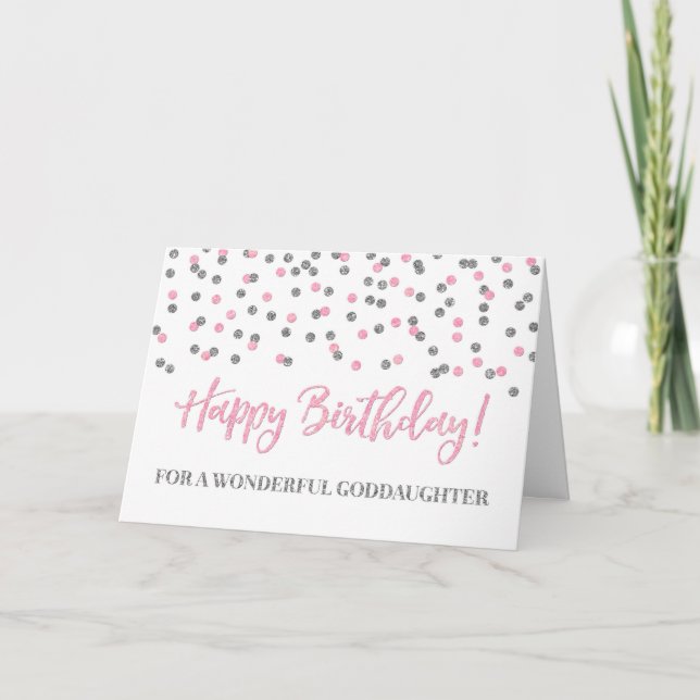 Pink Silver Confetti Goddaughter Birthday Card (Front)