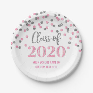 Pink Silver Confetti Graduation 2020 Paper Plate