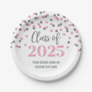 Pink Silver Confetti Graduation 2025 Paper Plate