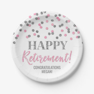 Pink Silver Confetti Happy Retirement Paper Plate