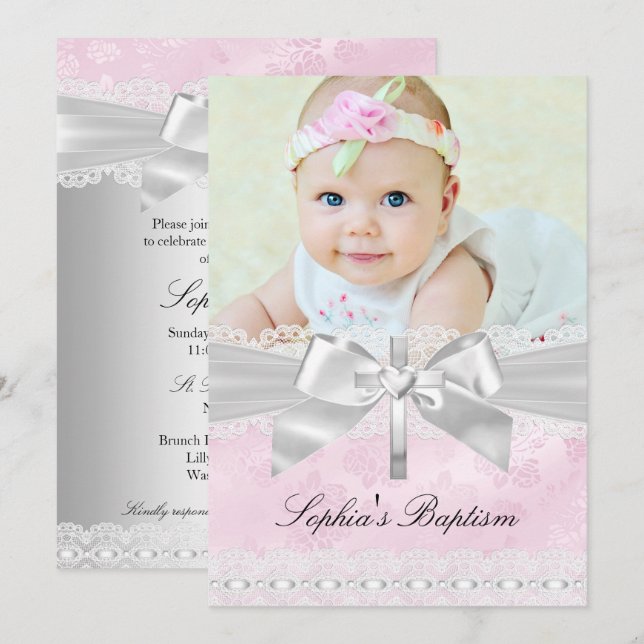 Pink Silver Cross Lace Bow Photo Baptism Invitation (Front/Back)