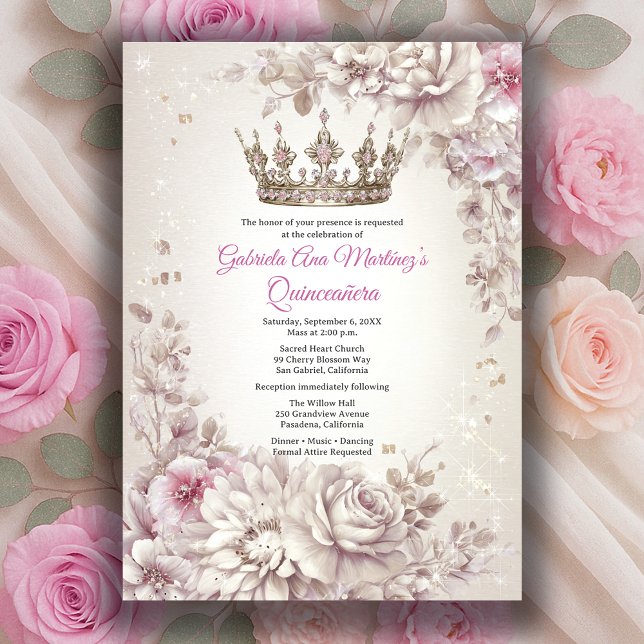 Pink Silver Crown Floral Quinceañera Invitation (Pink Silver Crown Floral Quinceañera Invitation
)